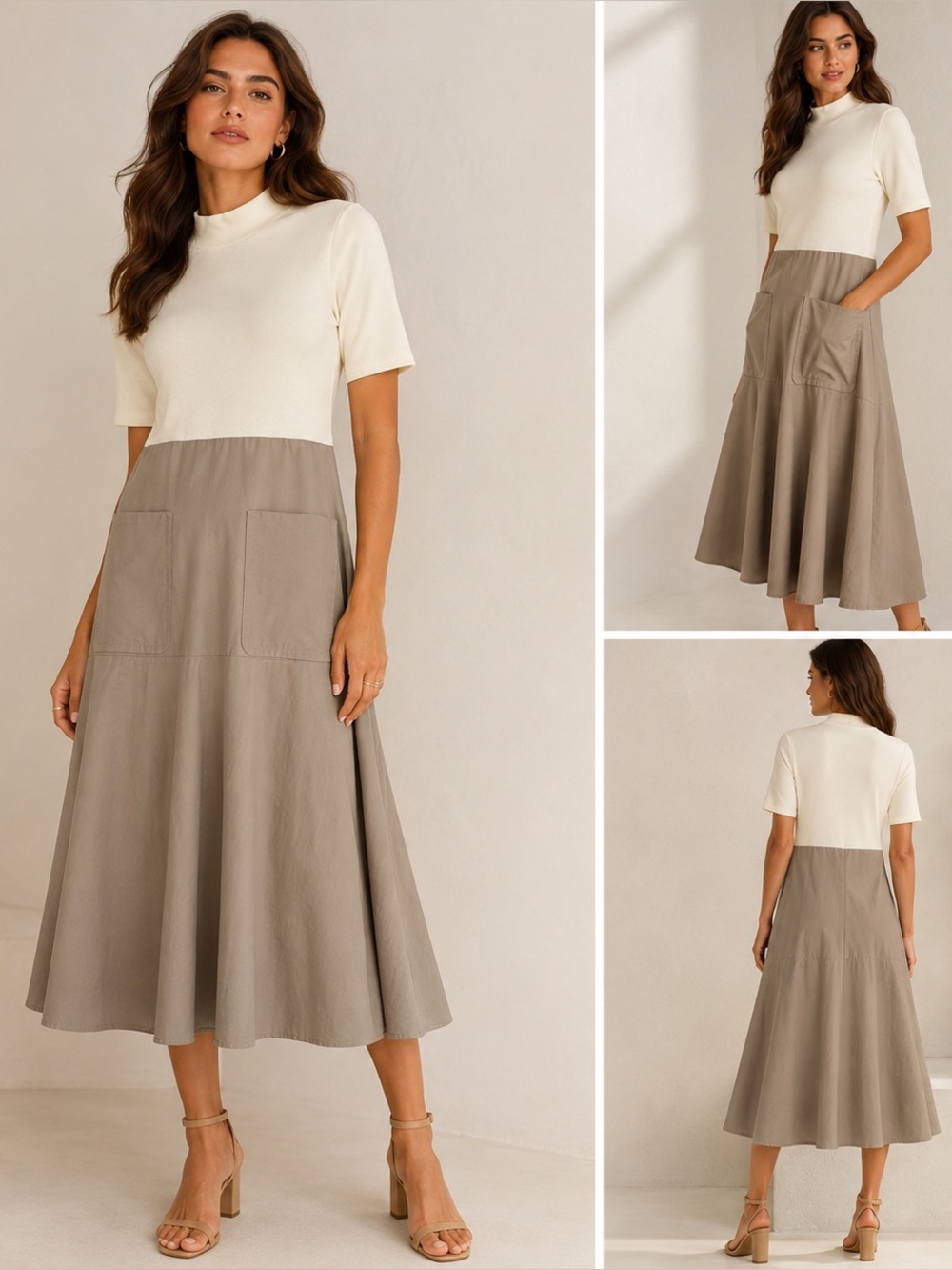Cream and Tan Two-Tone Midi Dress